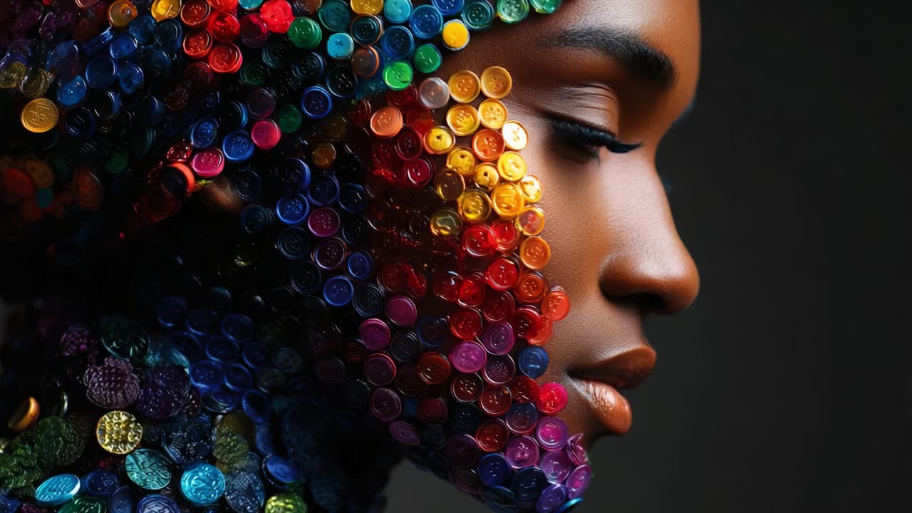 A Captivating Portrait of Beauty: An Artistic Representation Featuring a Model Adorned with Vibrant Multicolored Bottle Caps Creating a Stunning Visual Texture on Her Face