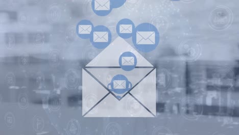 animation of multiple message icons floating out of a envelope against view of cityscape