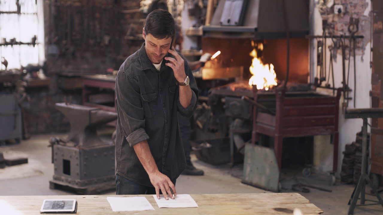 un guapo joven trabajador metalúrgico tomando una llamada telefónica