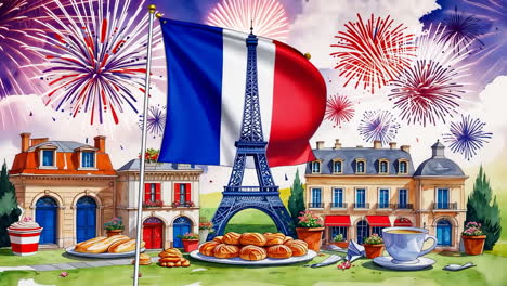 a french celebration with eiffel tower, flag, fireworks, and pastries