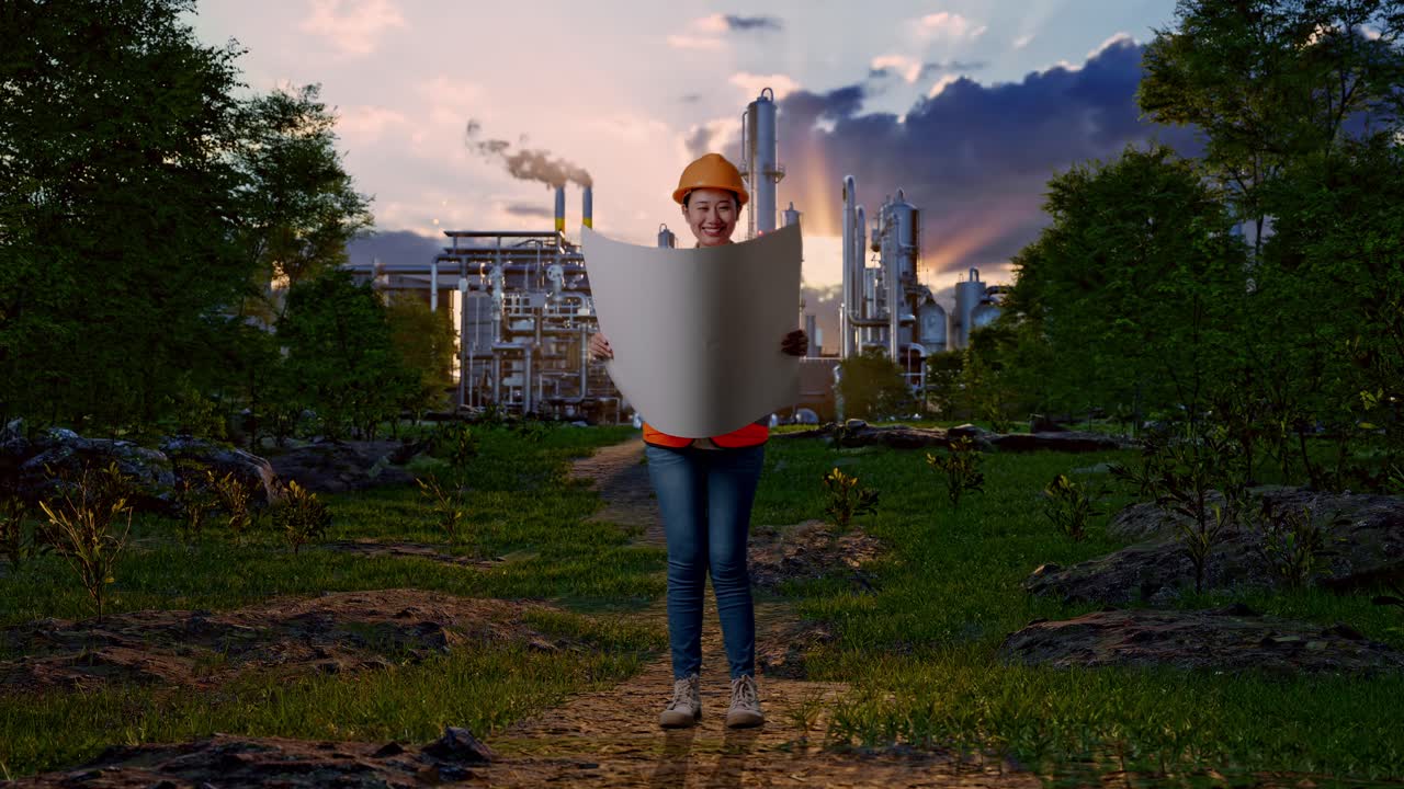Full Body Of Asian Female Engineer With Safety Helmet Looking At Blueprint In Her Hands While Standing In Front Of Oil Refinery