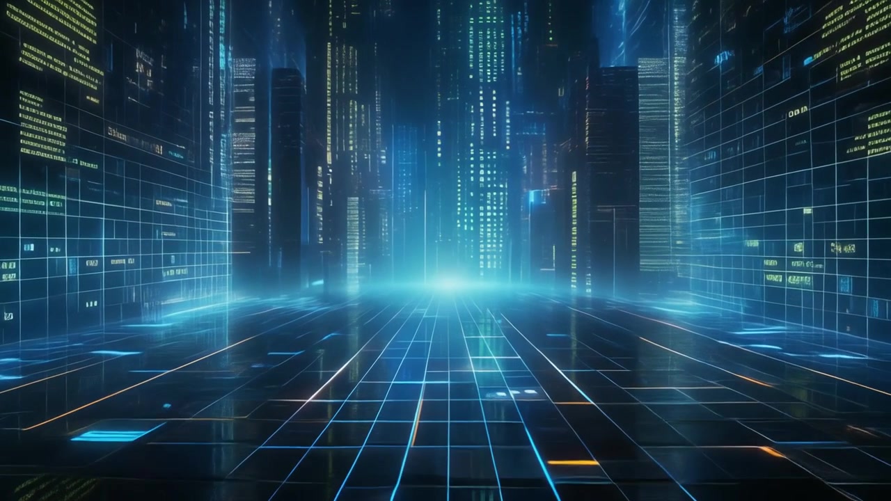 Futuristic Digital Cityscape with Glowing Data Streams and Grid Floor