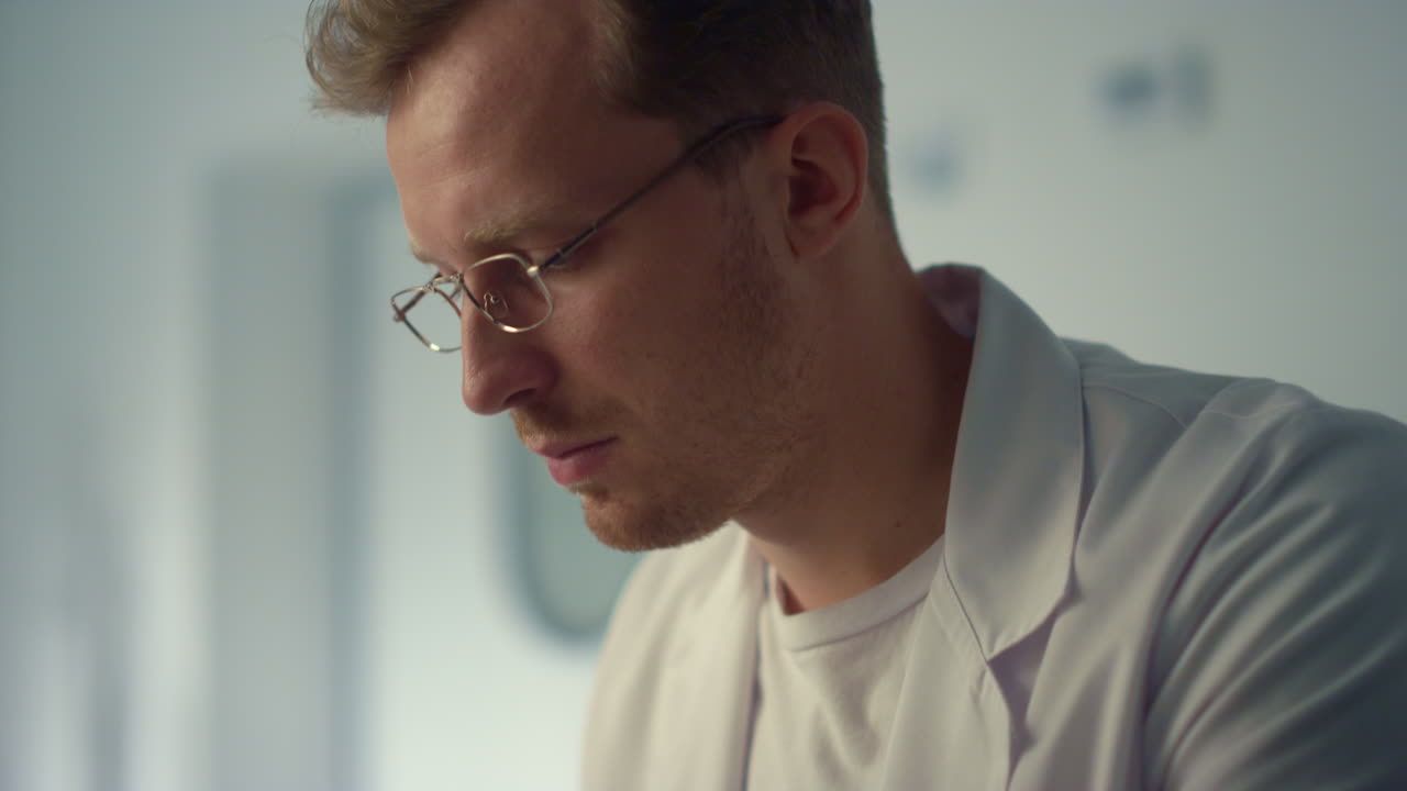 hombre médico trabajando de forma remota usando una computadora en un hospital de cerca. terapeuta escribiendo