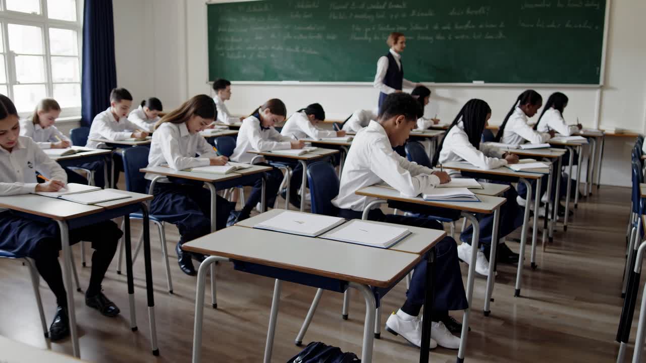 Wide-angle shot of students in a classroom taking a test, captured from the side
