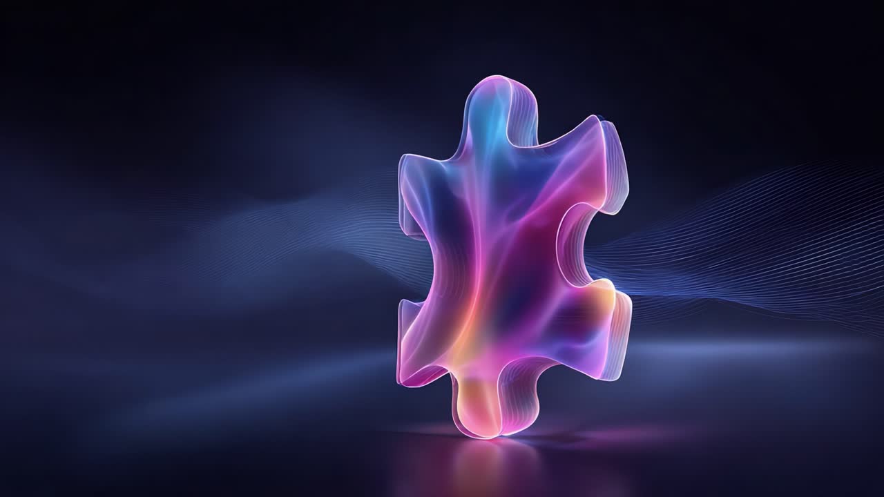 A Colorful Glowing Puzzle Piece Floating in an Abstract Background, Showcasing a Blend of Soft Pink and Blue Tones with Fluid Motion Effects
