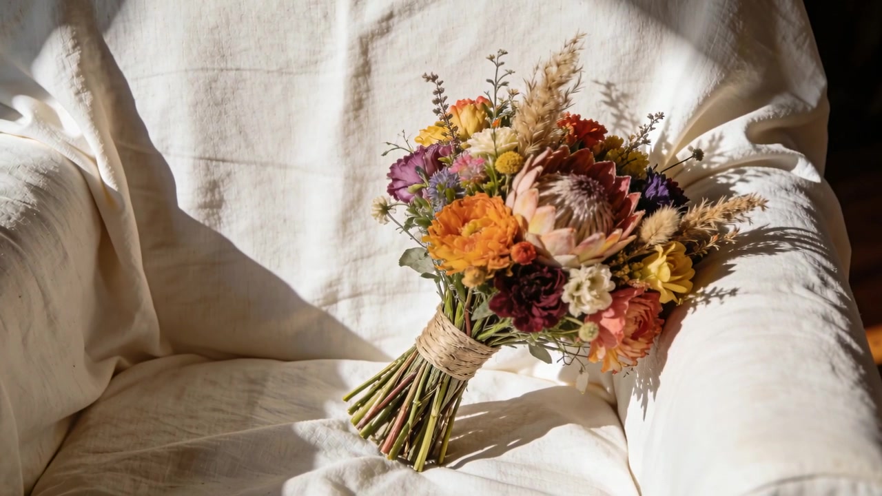 Luce solare mutevole che illumina un bouquet legato a mano su una poltrona bianca con spago e un fiore di protea