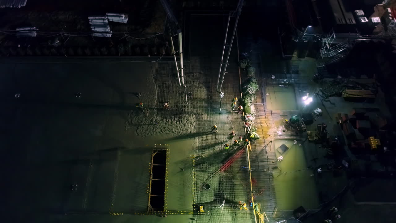 Aerial View of Night Concrete Pouring at Construction Site