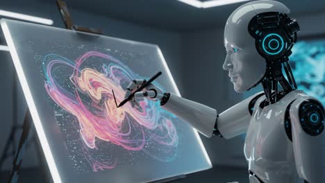 a futuristic robot artist skillfully creates abstract digital art on a high-tech canvas, blending color and form in a captivating display of creativity and technology