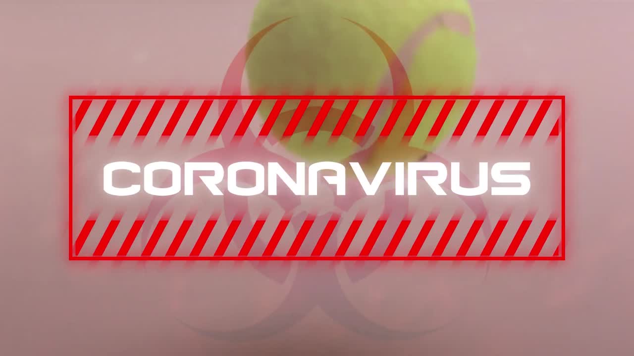 Animazione della parola Coronavirus con palla da tennis sullo sfondo