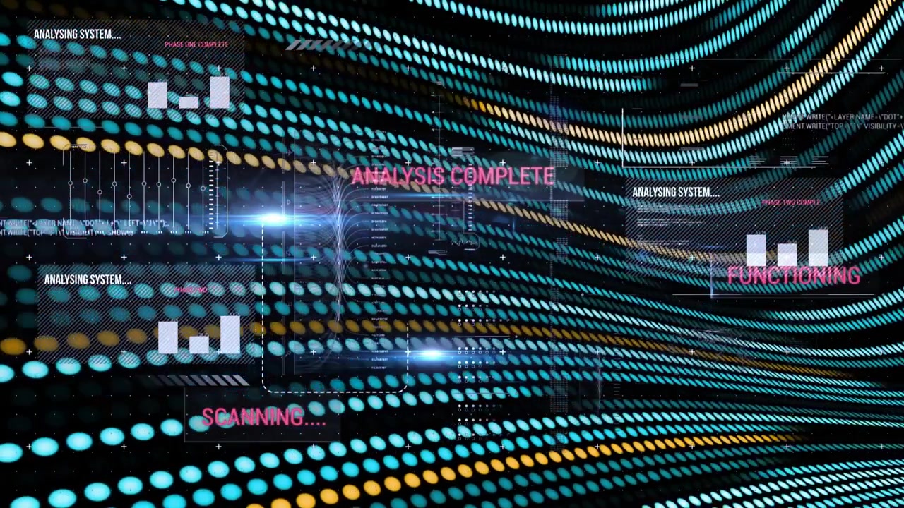 Curved dot grid being animated on screen, showing semi-transparent panels sliding and code updating