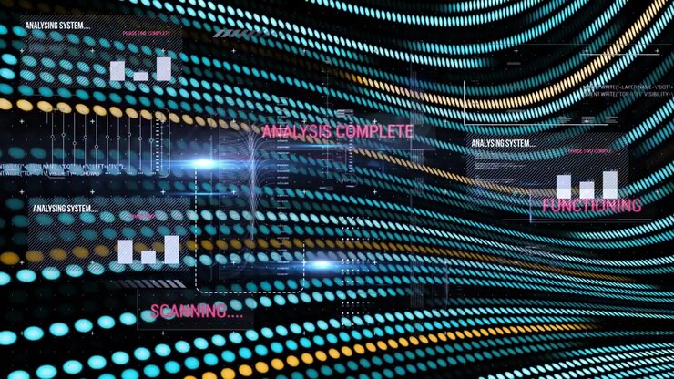 Curved dot grid being animated on screen, showing semi-transparent panels sliding and code updating