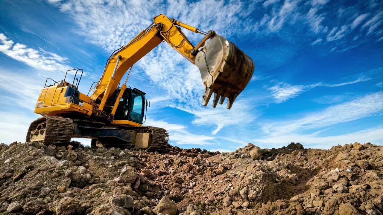 Lav engel af en gul gravemaskine på et klippefyldt terræn under en blå himmel, der fanger kraften