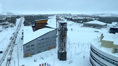 kiruna, sweden - the city of the new kiruna, featuring the modern city hall and the newly constructed belfry - static shot