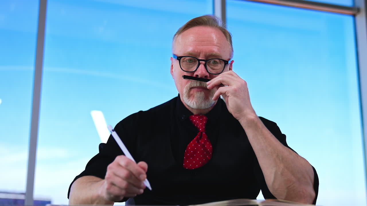 Adult bearded man tries to put a pen under his nose. Mature Caucasian man fooling around in office. Low angle view.