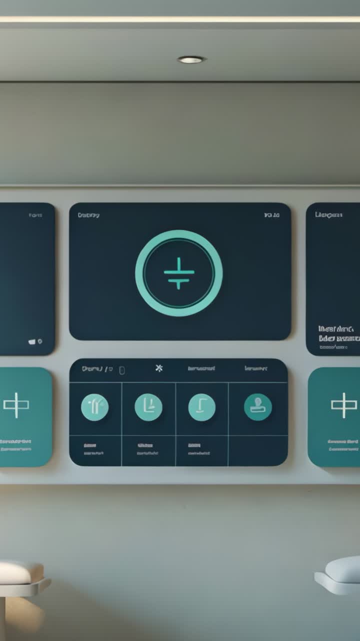 Vertical video: Panning camera across digital interface panels at office on boot showing menu icons