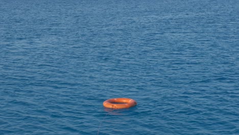 a single red life preserver floats in the open water