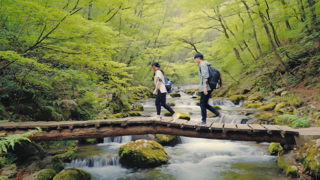 Couple Hiking Across a Wooden Bridge in a Lush Forest
