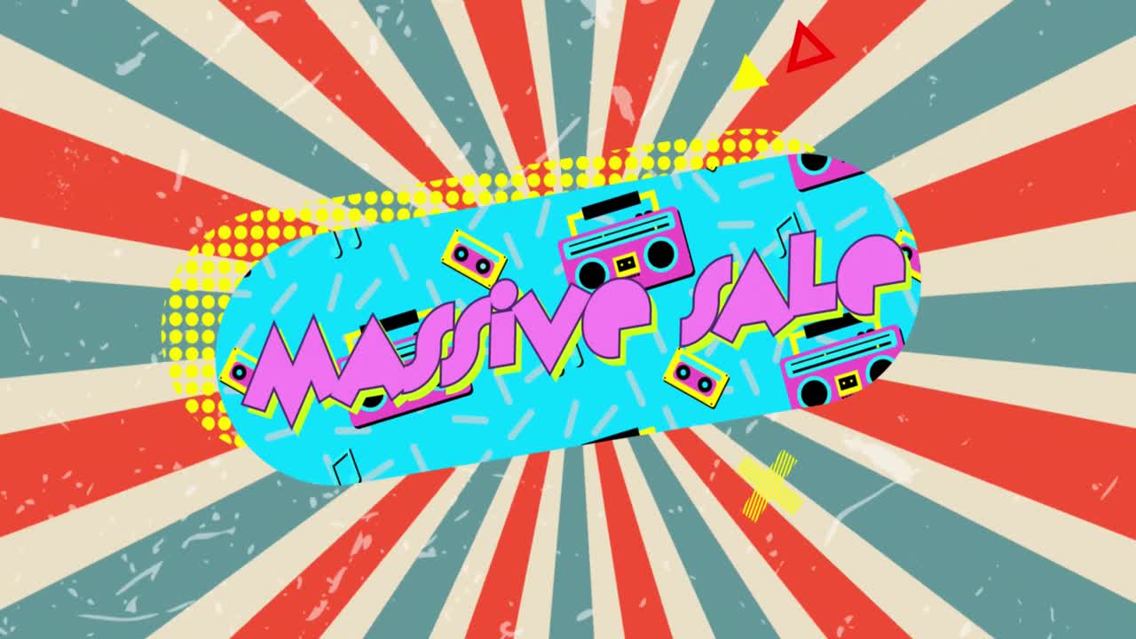 기하학적 모양과 회전하는 줄무를 가진 파란색 배너에 레트로 대규모 판매 텍스트의 애니메이션