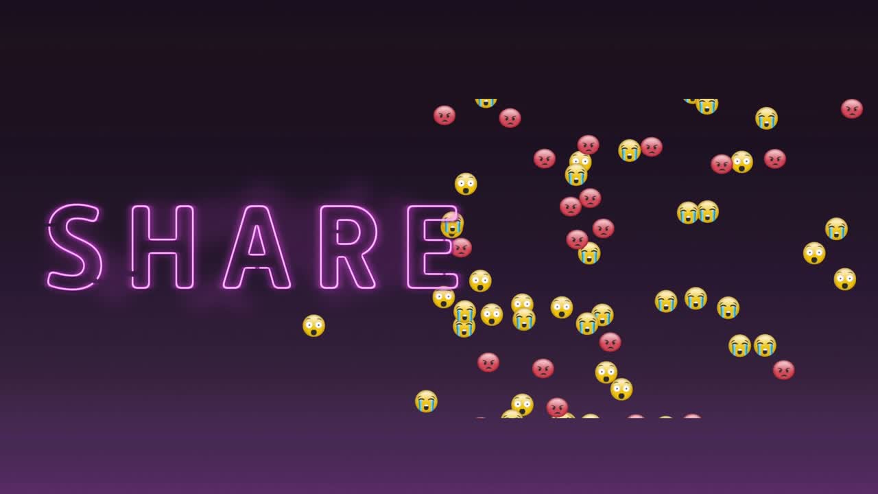 Animation of emoji icons and share text over purple background