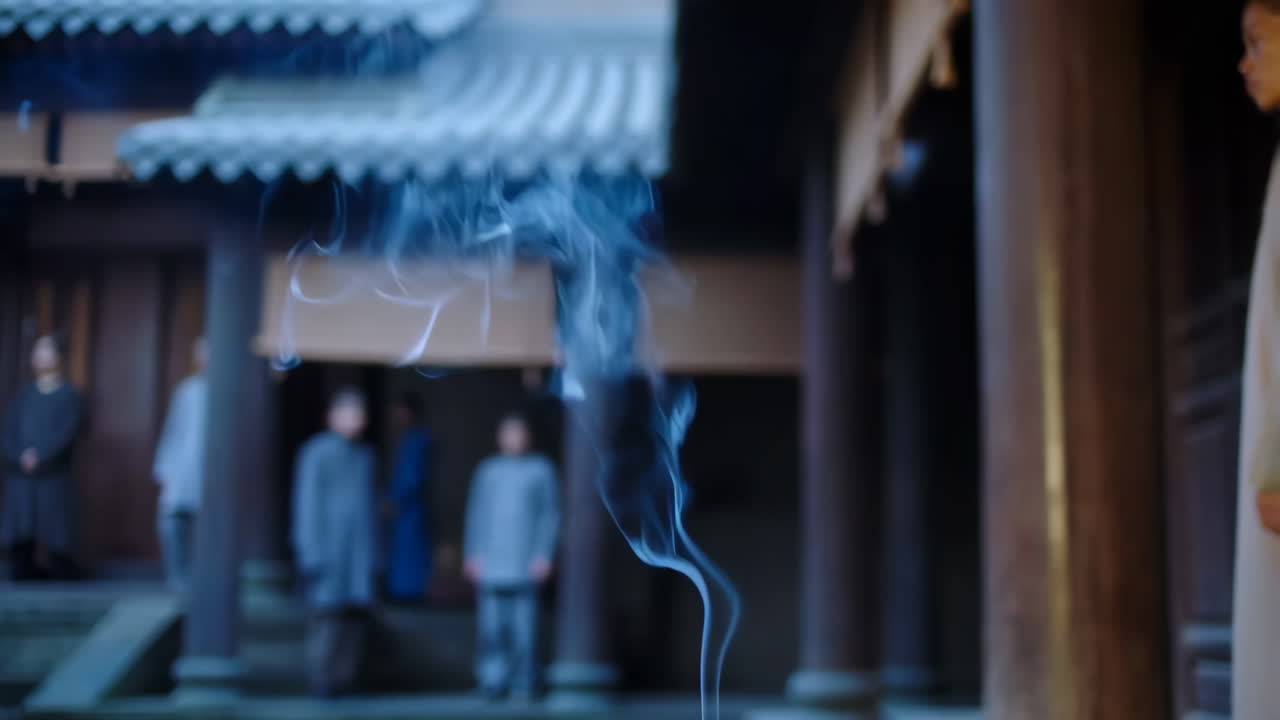 Smoke rises in a traditional Asian building with blurred figures in the background