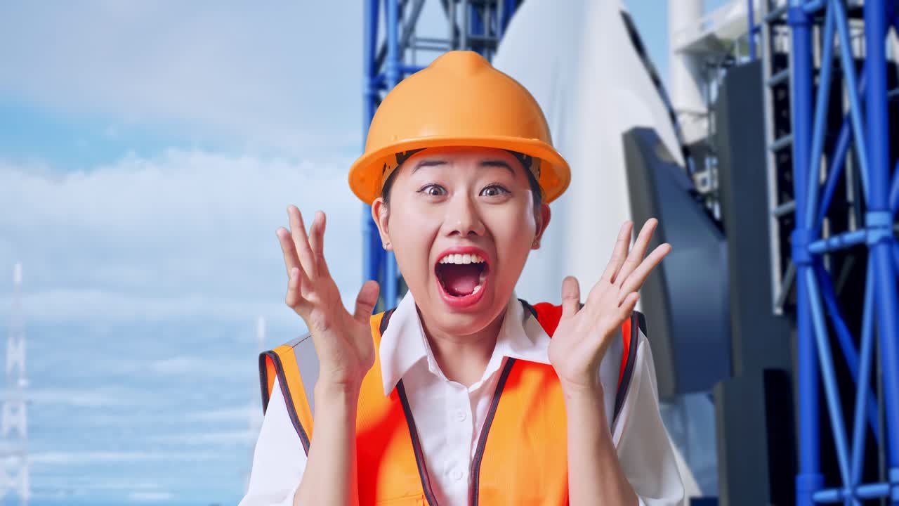 안전 헬을 입은 아시아 여성 엔지니어가 카메라에 미소 짓고 우주왕복선과 함께 서 있는 동안 와우라고 말합니다.