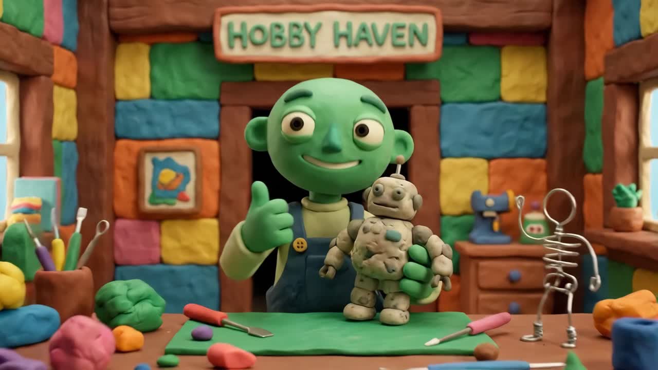 Claymation-karakter som holder robot og gir tommel opp