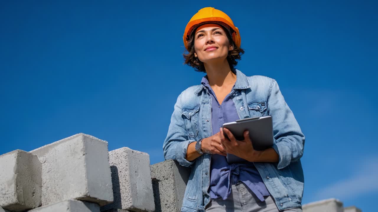 A confident construction professional in a hard hat stands thoughtfully beside concrete blocks under a clear blue sky, engaging with a tablet. The scene reflects determination and focus in a building environment