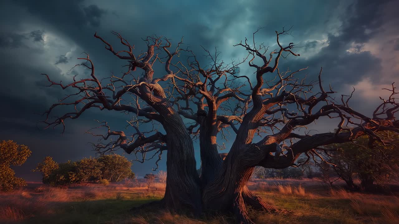 Starting on branches camera pulling back in golden grassland, revealing gnarled tree, storm clouds