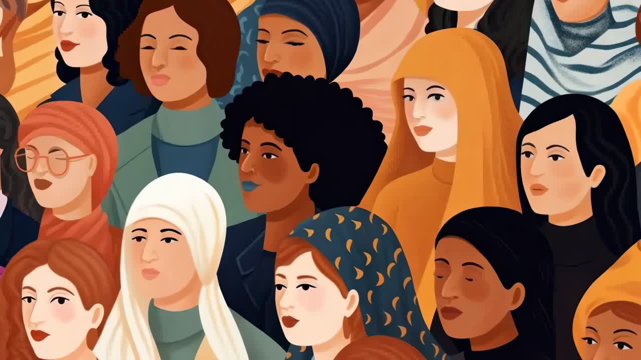 Illustration of diverse women in vibrant colors, seen from a frontal angle, capturing unity