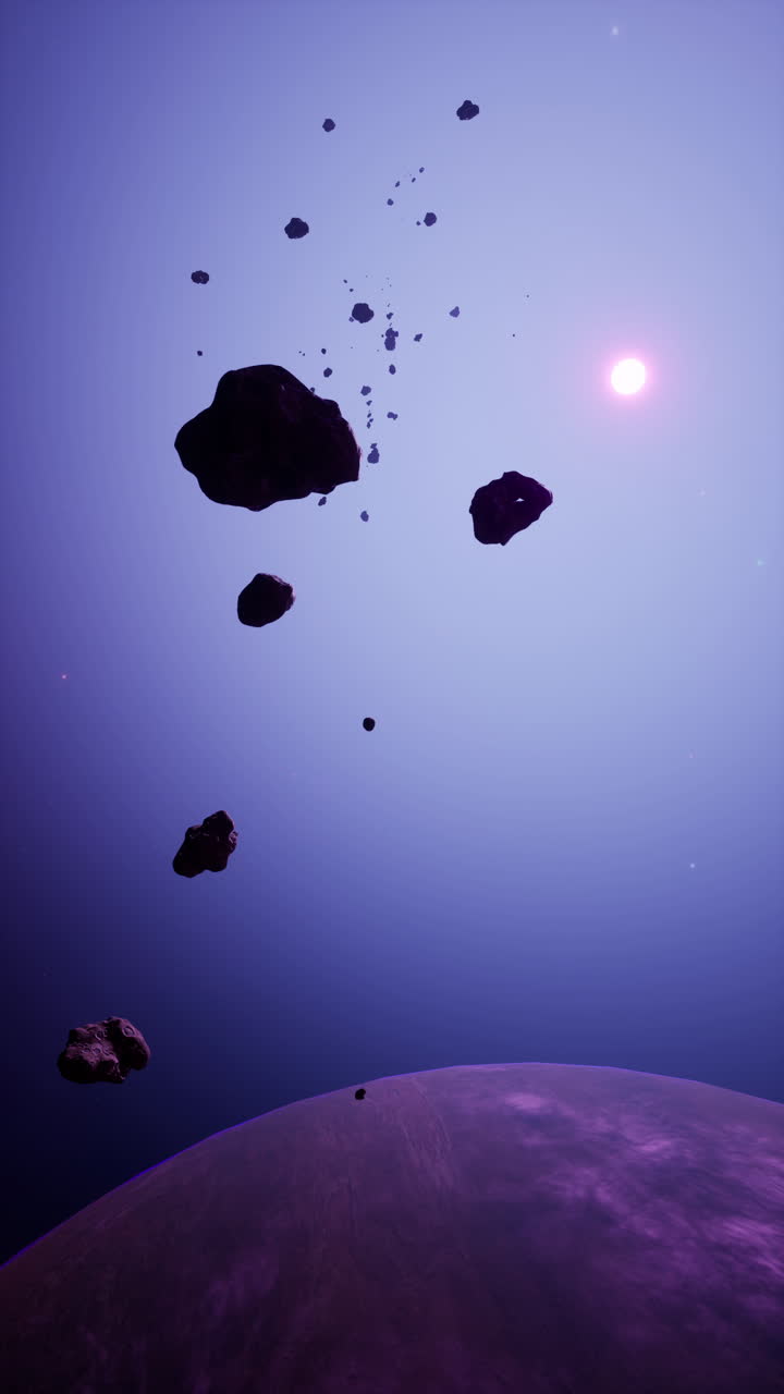 un planeta púrpura con un sistema de anillos y muchos asteroides en órbita a su alrededor en un cielo azul profundo.