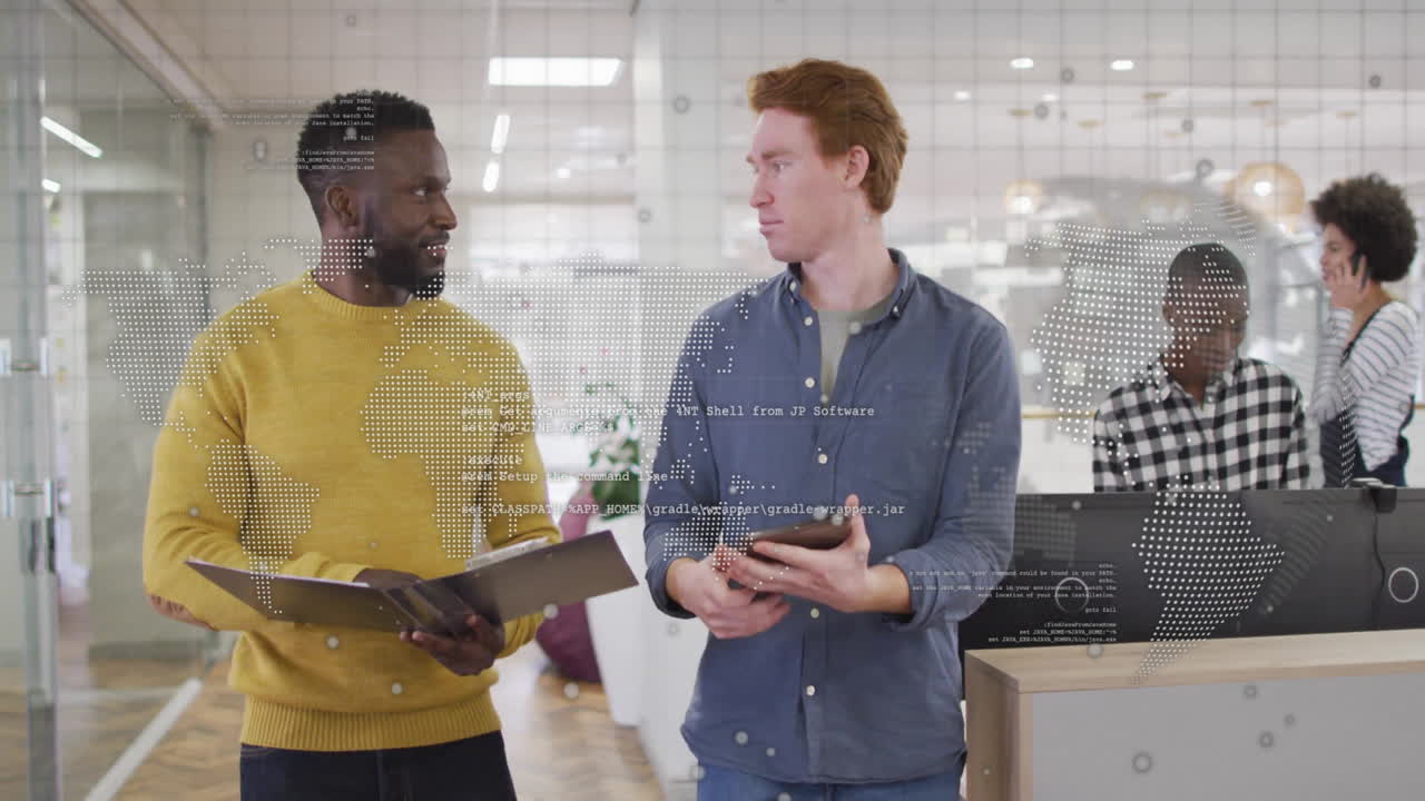 Two men discussing data processing animation over world map in modern office