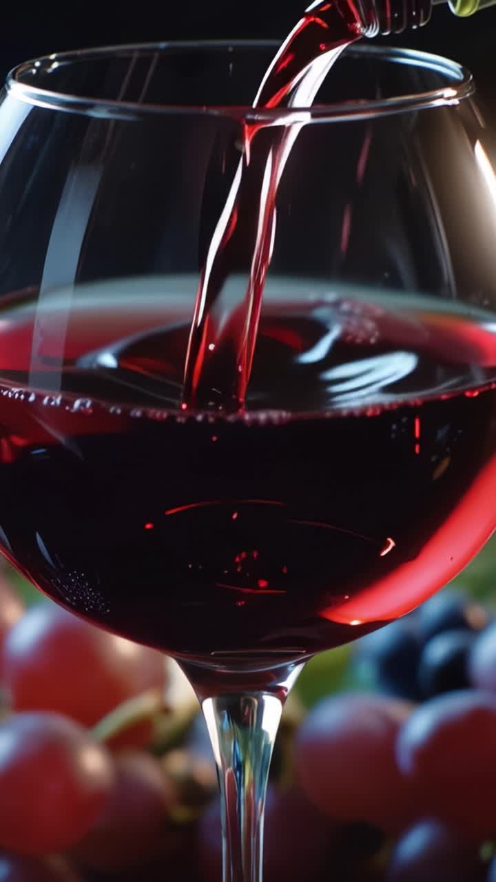Una vista ravvicinata di ricco vino rosso versato in un bicchiere, circondato da uva fresca, che mostra il colore vibrante e la texture del liquido in un ambiente sofisticato.