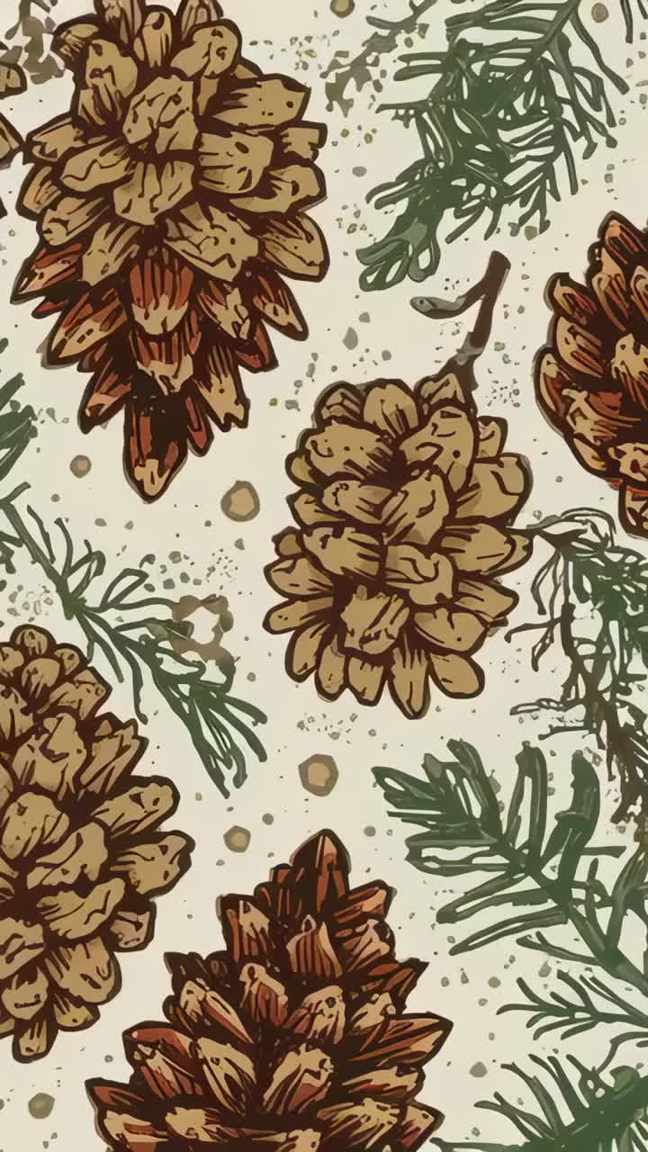 Vertical video: Shifting camera revealing pinecones, sprigs, dots on cream wallpaper, warming tint
