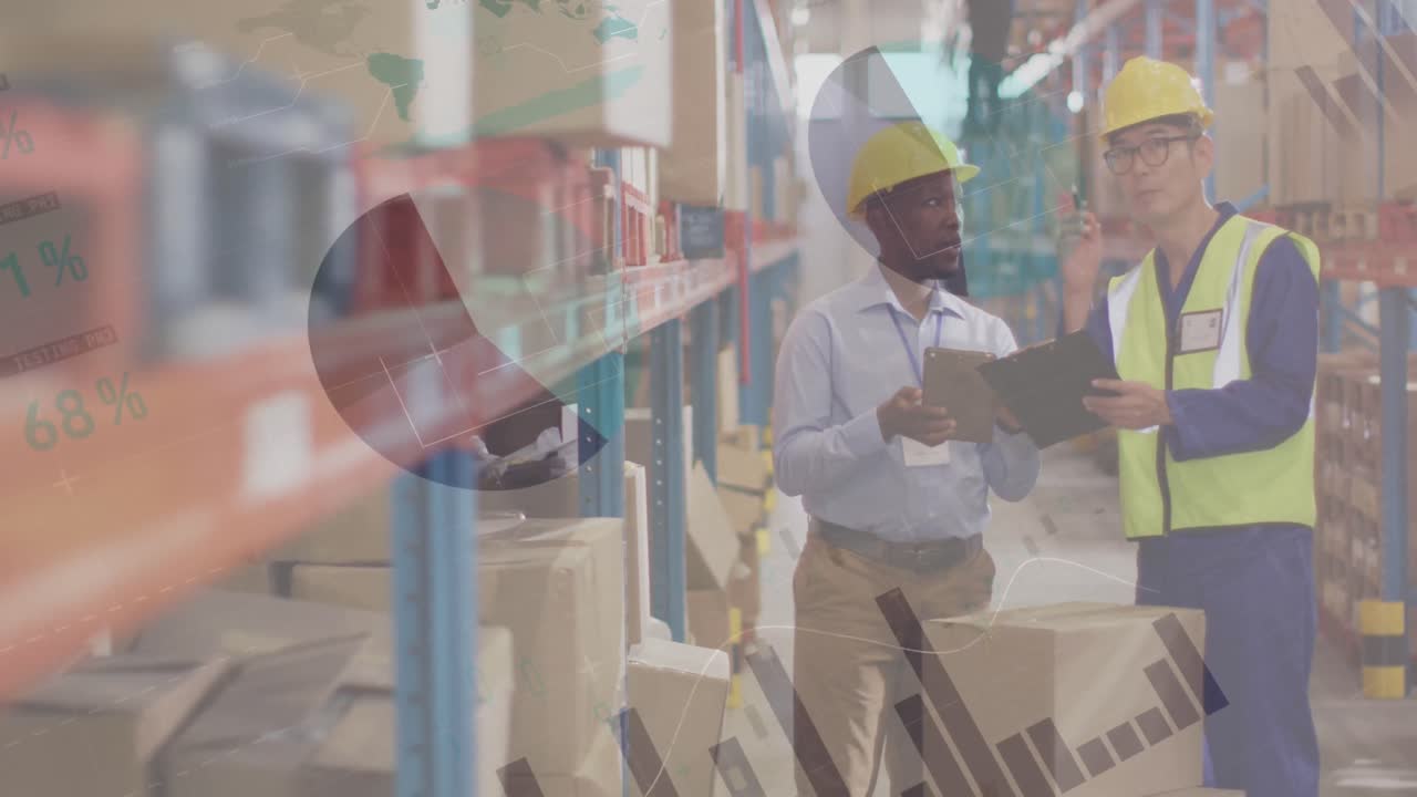 animación del procesamiento de datos financieros sobre diversas personas que trabajan en el almacén