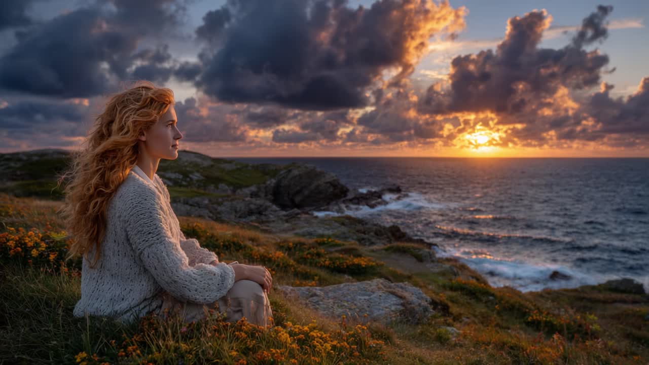 A Serene Woman in a Cozy Sweater Seated on a Coastal Cliff, Gazing Thoughtfully at a Breathtaking Sunset Over the Ocean, Surrounded by Vibrant Clouds and Nature
