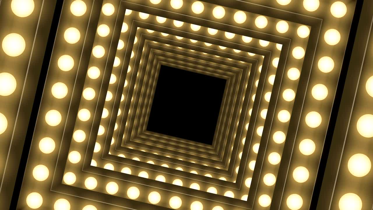 caja de bombilla incandescente de túnel marco forma cuadrada remolino girar patrón en movimiento, retro 3d estilo virtual ilustración brillo en fondo oscuro animación de bucle sin costuras 4k, con espacio de copia