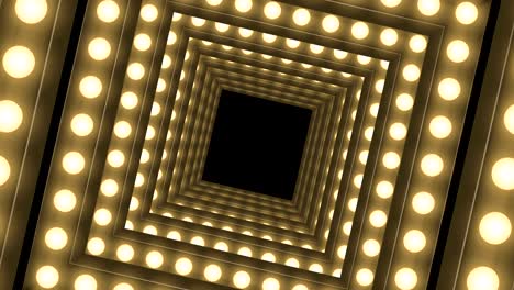 caja de bombilla incandescente de túnel marco forma cuadrada remolino girar patrón en movimiento, retro 3d estilo virtual ilustración brillo en fondo oscuro animación de bucle sin costuras 4k, con espacio de copia