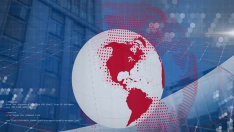 animation of spinning globe and data processing against tall building