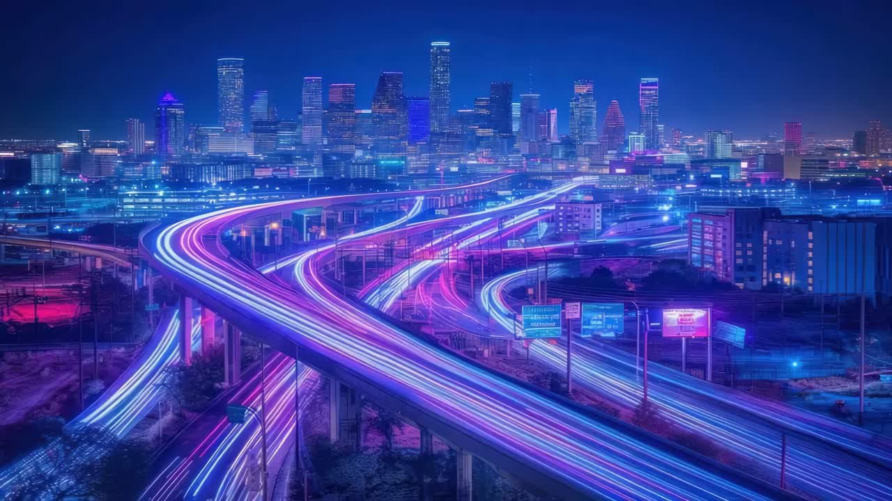Aerial view of a cityscape at night with vibrant neon lights and ...