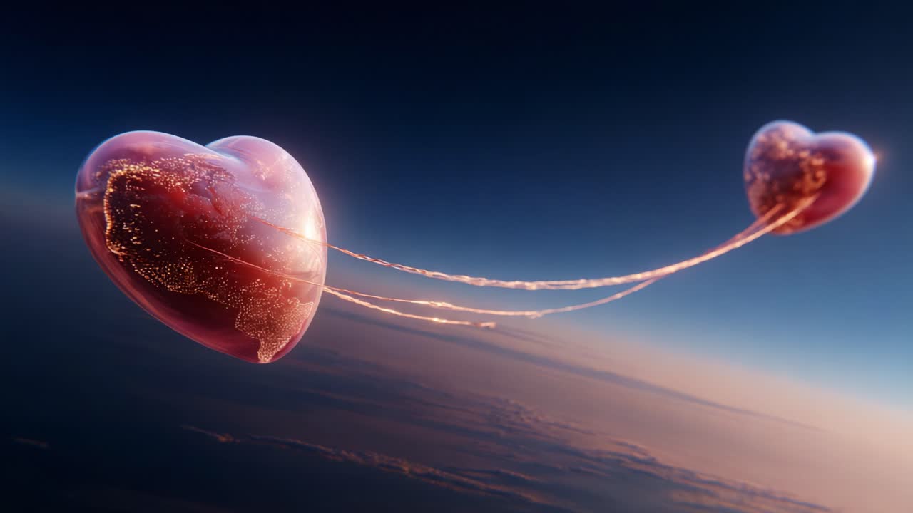 Two Glowing Hearts Floating Through the Sky, Connected by Delicate Light Trails in a Stunning Digital Art Representation of Love and Emotion Beyond Earthly Boundaries
