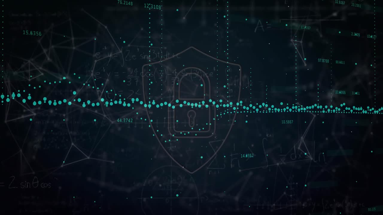 Animation of data processing and padlock icon on black background
