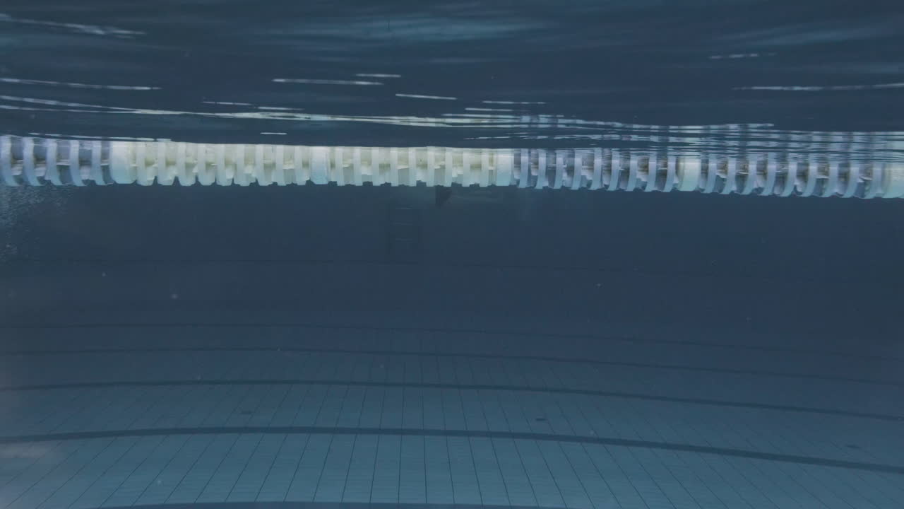 실내 수영장에서 수영 모자와 고글 다이빙 젊은 여성 수영 선수의 수중 측면 샷