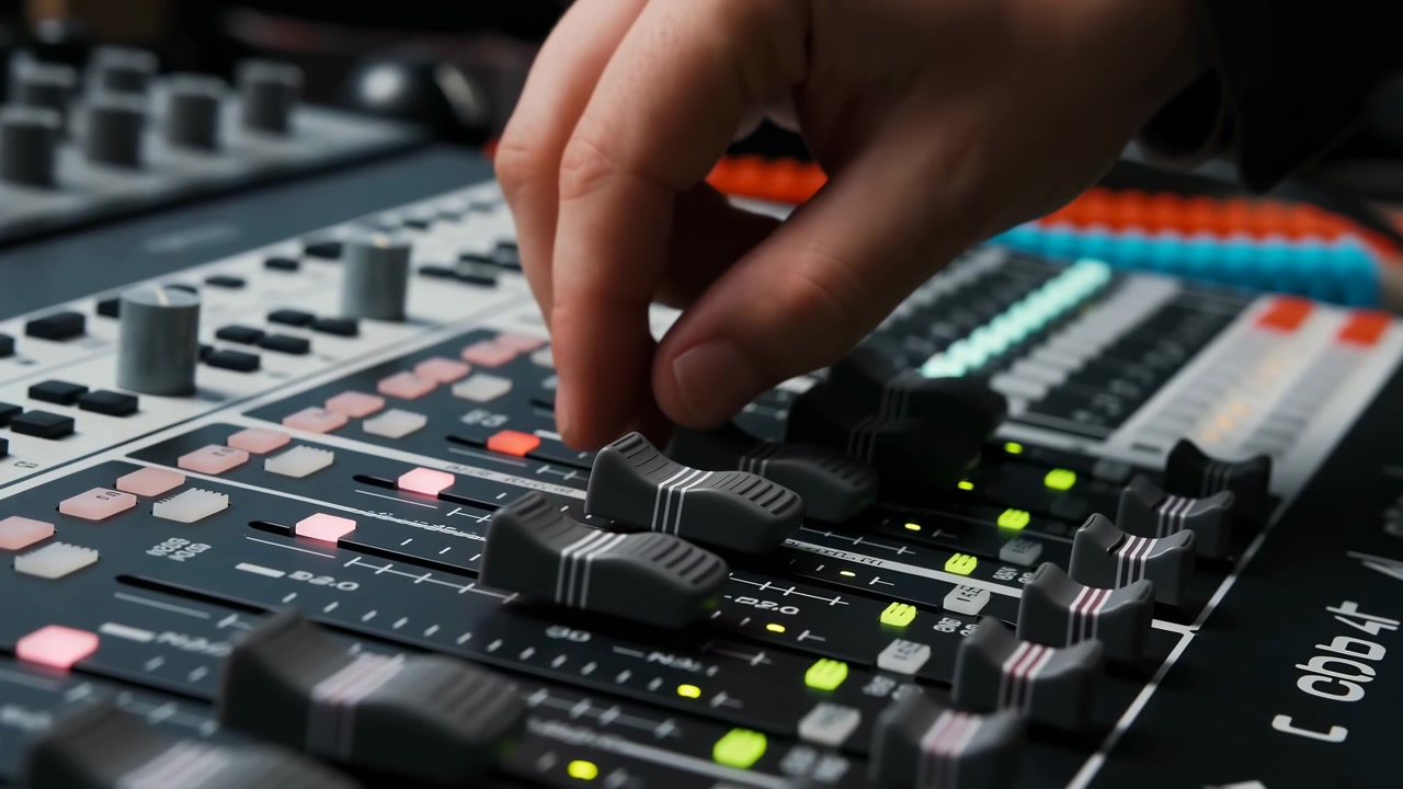 Close-up of a hand adjusting faders and knobs on a dark audio mixing console, with illuminated indicators and a softly blurred equipment background under indoor lighting