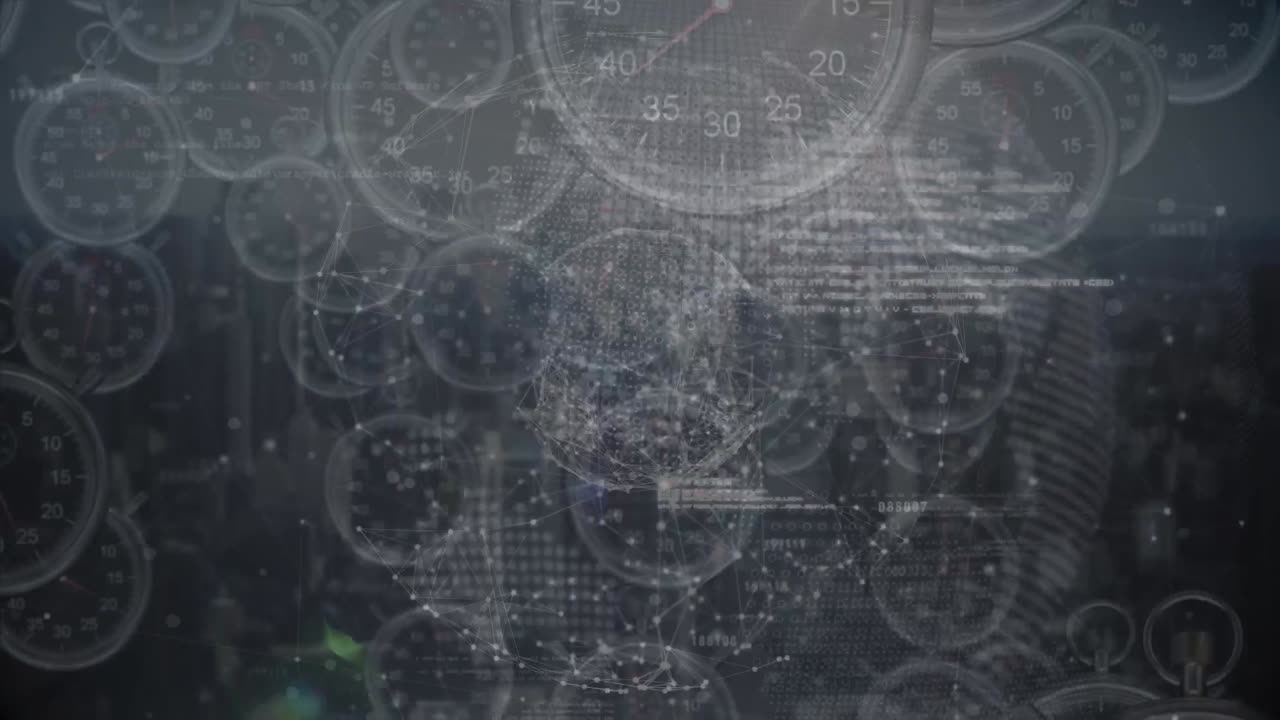animación del procesamiento de datos con globo de conexiones y relojes sobre el paisaje urbano