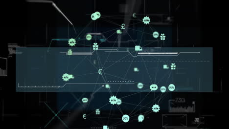 animación de la pantalla de hud con lenguaje de programación e iconos conectados con líneas que forman un globo