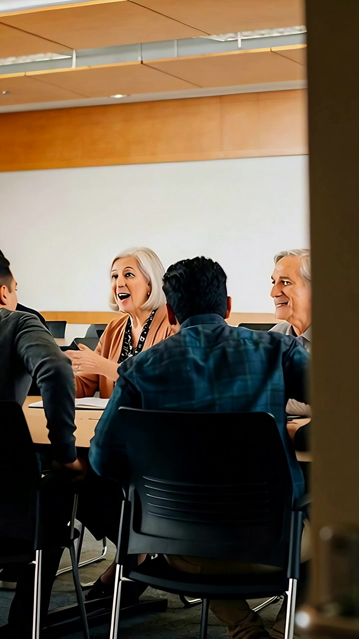 Vertical video: Leading meeting woman in cardigan and lanyard gesturing through meeting room door