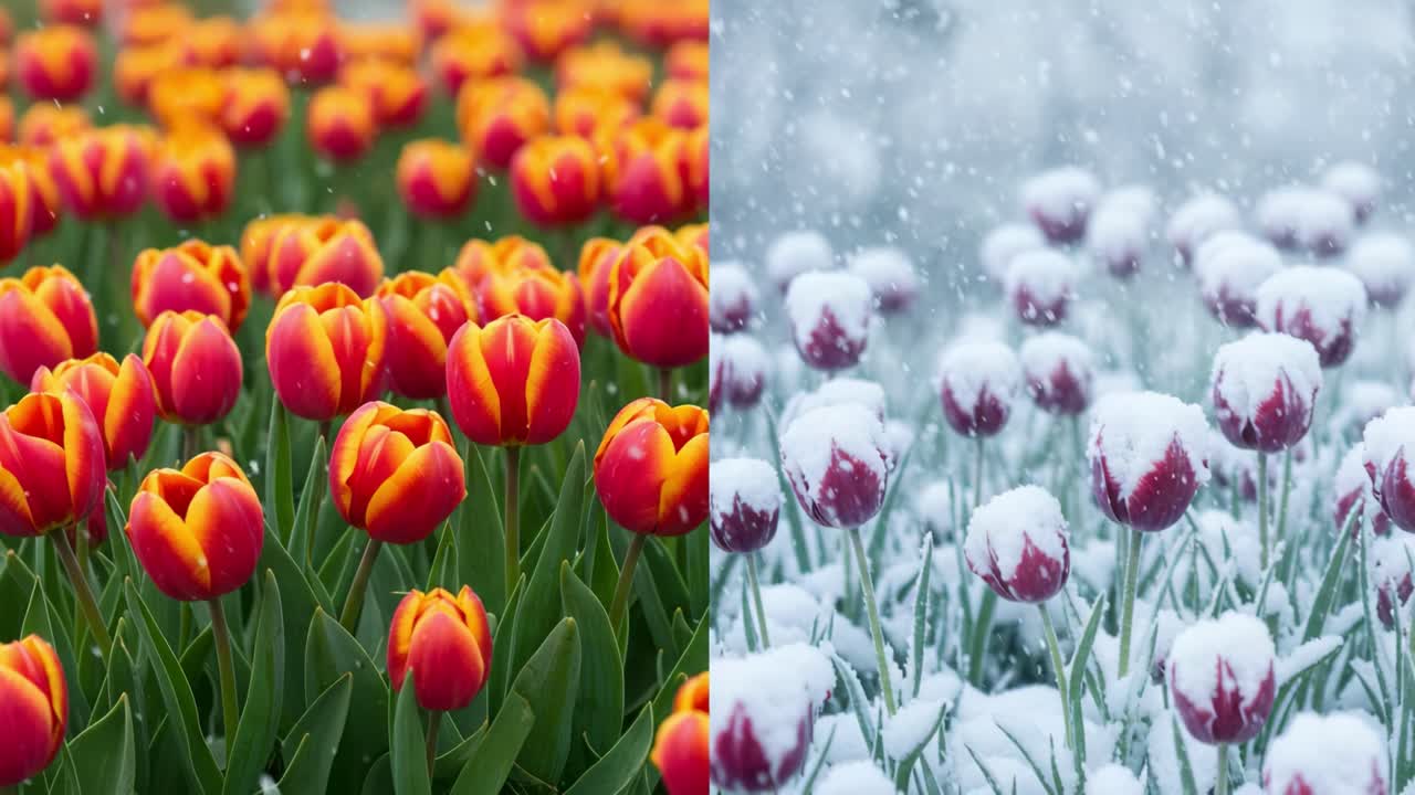 A Vibrant Contrast of Seasons: The Transition from Spring Tulips to Winter Wonderland in Stunning Visual Harmony