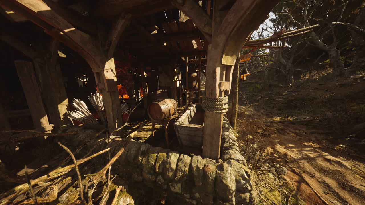 Rustic outdoor workshop with wooden barrels and tools in a forest setting