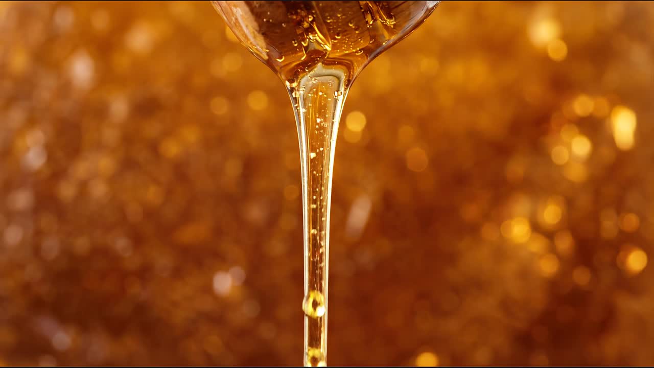 Miele denso e dorato che cola da un mestolo di legno per miele.