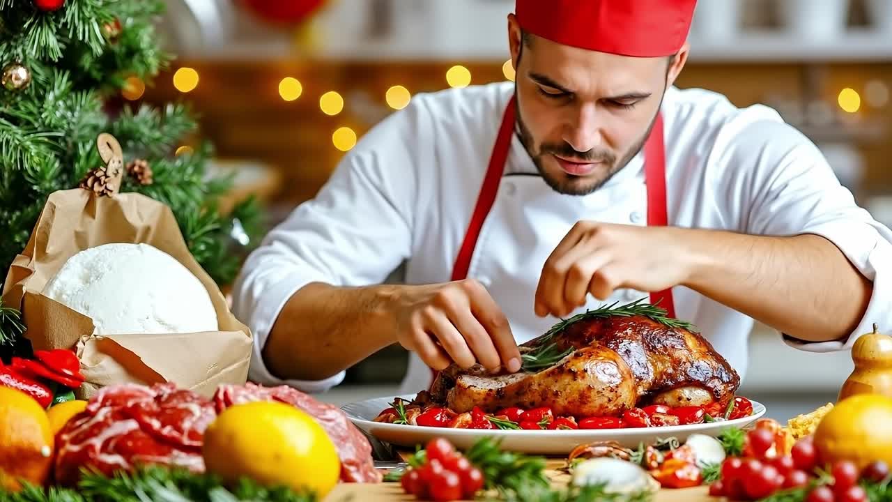 A man in a chef's hat preparing a turkey on a plate